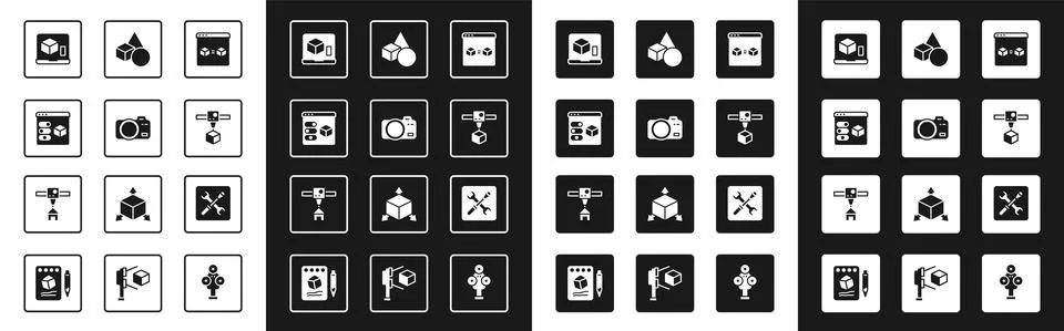 Set 3D printer perfect copy, Photo camera, cube, Basic geometric shapes, setting Stock Illustration