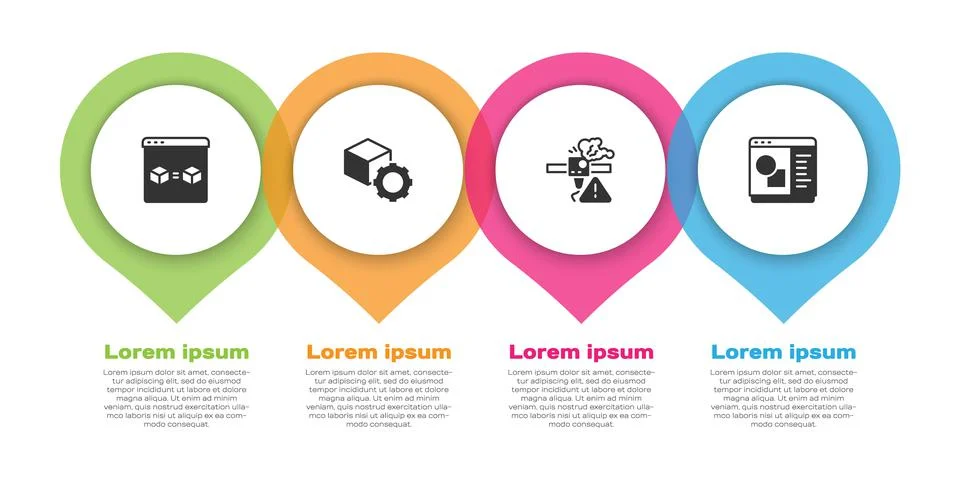Set 3D printer perfect copy, Isometric cube, warning and software. Business Ilustração Stock