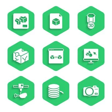 Set 3D printer perfect copy, Filament for, Photo camera, software, chicken leg Ilustração Stock