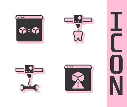 Set 3D printer, perfect copy, wrench spanner and tooth icon. Vector Illustrazione stock