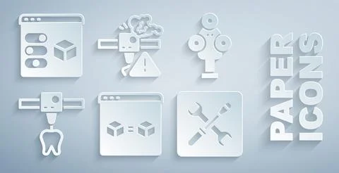 Set 3D printer perfect copy, scanner, tooth, setting, warning and icon. Vecto Stock Illustration