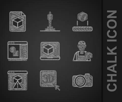 Set 3D printer, Photo camera, Graphic designer, software, Isometric cube and Ilustração Stock
