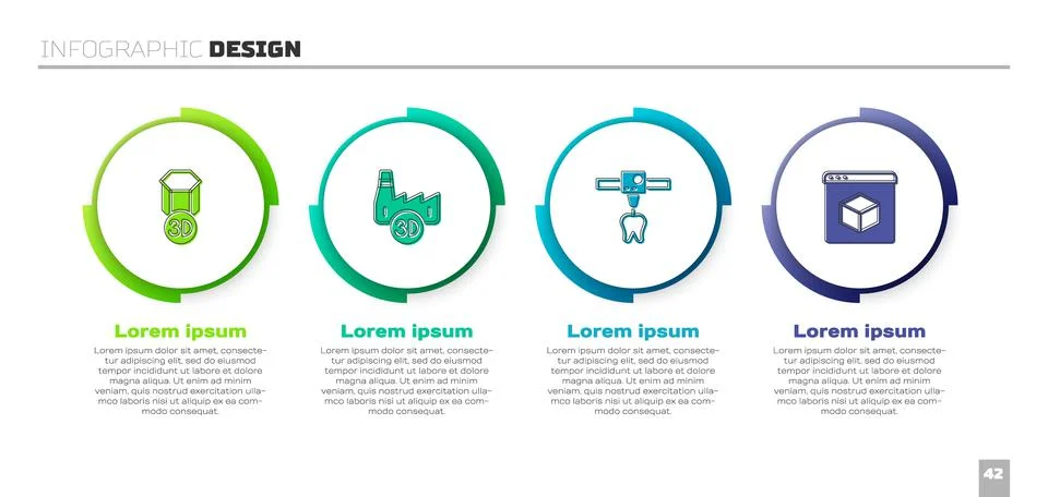 Set 3D printer, Printing house industry, tooth and . Business infographic 스톡 일러스트
