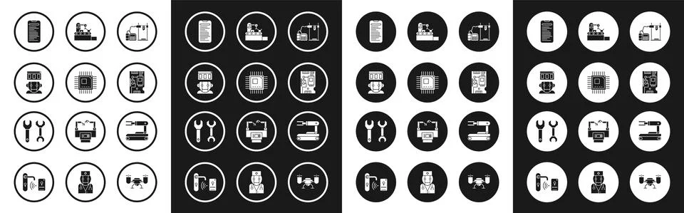 Set 3D printer, Processor with microcircuits CPU, Robot, Computer api interface 스톡 일러스트