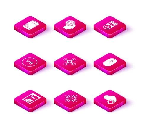 Set 3D printer, Processor, Virtual reality, Drone, Cloud technology data Stock Illustration