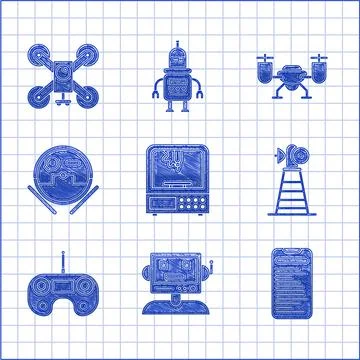 Set 3D printer, Robot, Computer api interface, Antenna, Remote control, vacuum Stock Illustration
