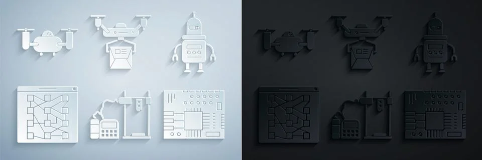 Set 3D printer, Robot, Global technology or social network, Printed circuit Stock Illustration