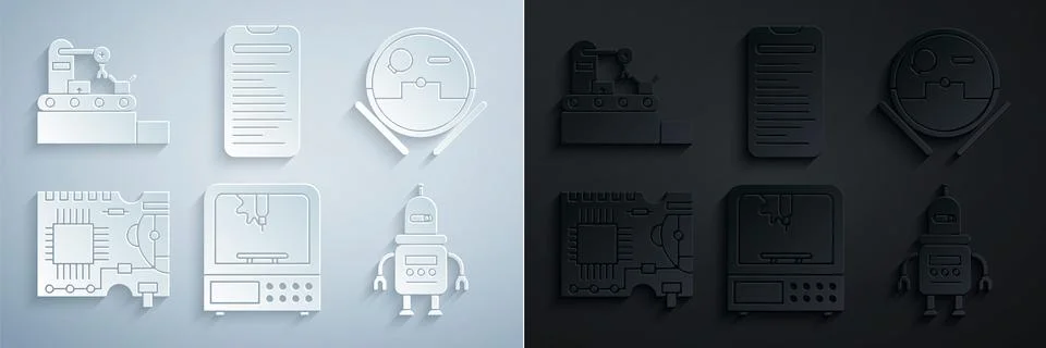 Set 3D printer, Robot vacuum cleaner, Printed circuit board PCB, Computer api Stock Illustration