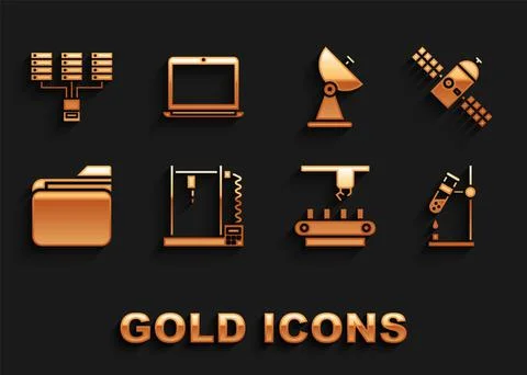 Set 3D printer, Satellite, Test tube flask on fire, Factory conveyor system belt 스톡 일러스트