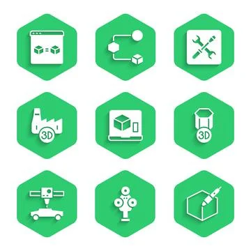 Set 3D printer, scanner, 3d pen tool, car, Printing house industry, setting and Stock Illustration