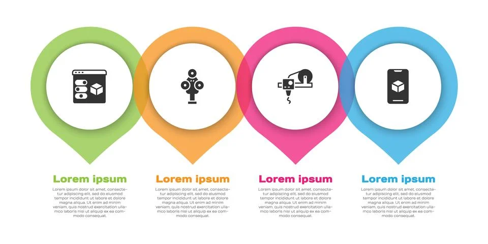 Set 3D printer, scanner, and software. Business infographic template. Vector Ilustração Stock