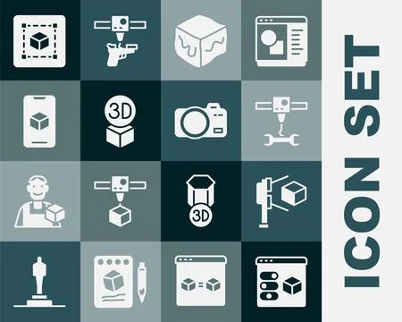 Set 3D printer, scanner with cube, wrench spanner, Isometric, software, Geome Ilustração Stock