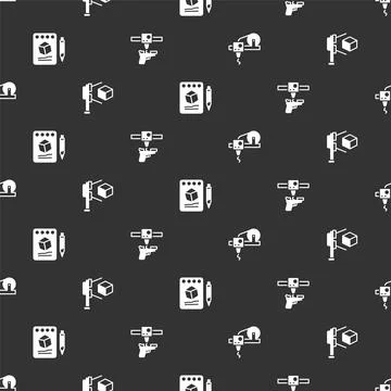 Set 3D printer, scanner with cube, Sketch on paper and gun on seamless patt.. Stock Illustration