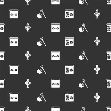 Set 3D printer, scanner, perfect copy and Isometric cube on seamless pattern 스톡 일러스트