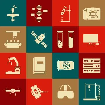 Set 3D printer, Server, Data, Web Hosting, Smart Tv, Test tube flask on fire Illustrazione stock