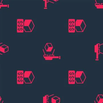 Set 3D printer services and scanner with cube on seamless pattern. Vector Stock Illustration