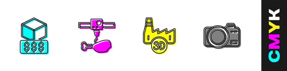 Set 3D printer services, chicken leg, Printing house industry and Photo camer Stock Illustration