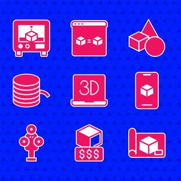 Set 3D printer, services, Graphing paper for engineering, software, scanner Stock Illustration