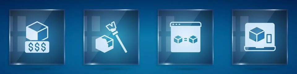 Set 3D printer services, Isometric cube, perfect copy and . Square glass panels Illustrazione stock