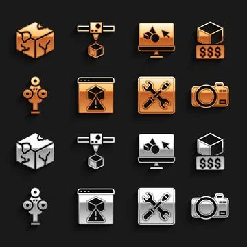 Set 3D printer, services, Photo camera, setting, scanner, software, Isometric Ilustração Stock