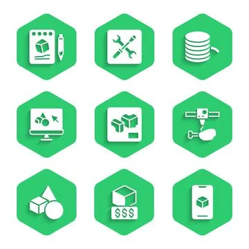 Set 3D printer, services, software, chicken leg, Basic geometric shapes Illustrazione stock