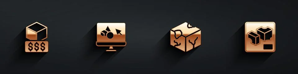 Set 3D printer services, software, Isometric cube and icon with long shadow Stock Illustration