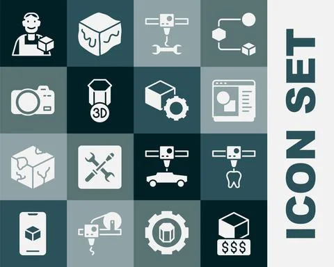 Set 3D printer services, tooth, software, wrench spanner, Photo camera, Graphic Ilustração Stock