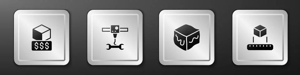 Set 3D printer services, wrench spanner, Isometric cube and icon. Silver square 스톡 일러스트