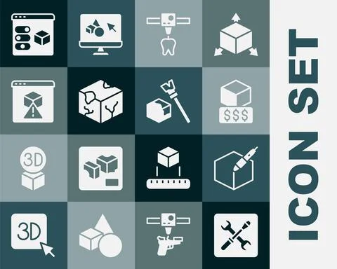 Set 3D printer setting, 3d pen tool, services, tooth, Isometric cube, and icon Stock Illustration