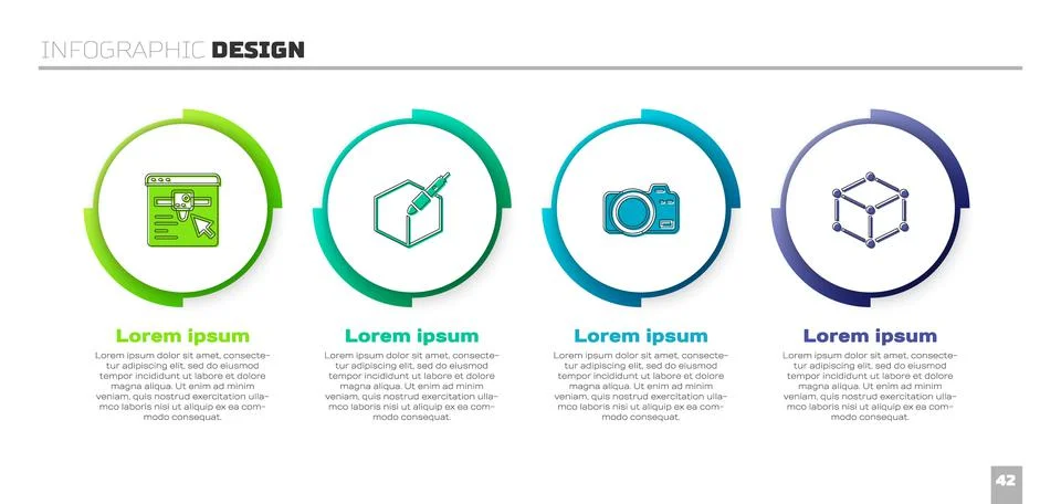 Set 3D printer setting, 3d pen tool, Photo camera and Isometric cube. Business Stock Illustration