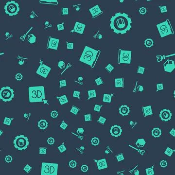 Set 3D printer, setting, and Isometric cube on seamless pattern. Vector Stock Illustration