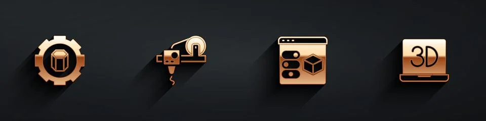 Set 3D printer setting, , and icon with long shadow. Vector 스톡 일러스트