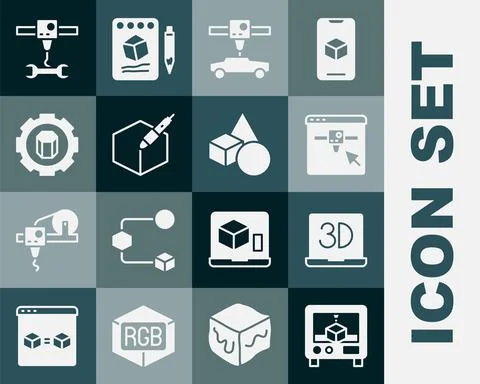 Set 3D printer, setting, car, 3d pen tool, wrench spanner and Basic geometric Ilustração Stock