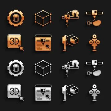 Set 3D printer setting, chicken leg, scanner, with cube, and Isometric icon Stock Illustration