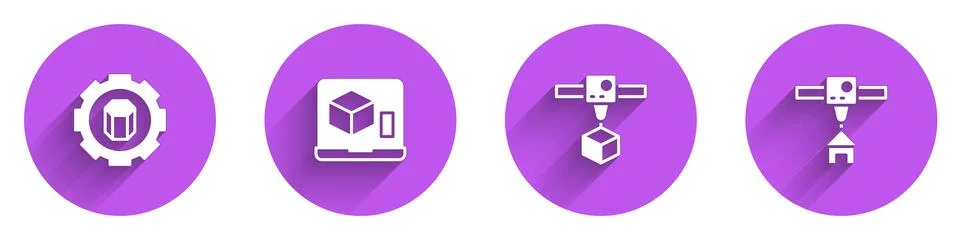 Set 3D printer setting, , cube and house icon with long shadow. Vector Illustrazione stock