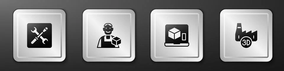 Set 3D printer setting, Graphic designer, and Printing house industry icon Stock Illustration