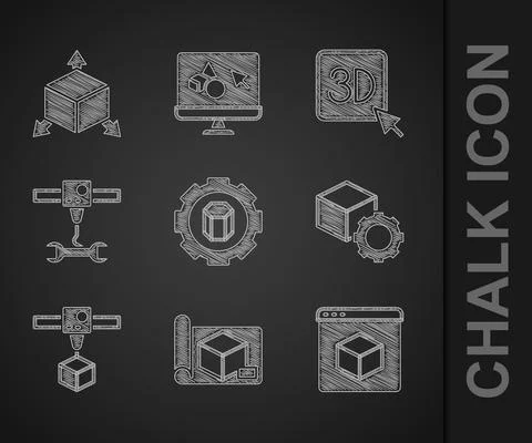 Set 3D printer setting, Graphing paper for engineering, Isometric cube, wrench Stock Illustration