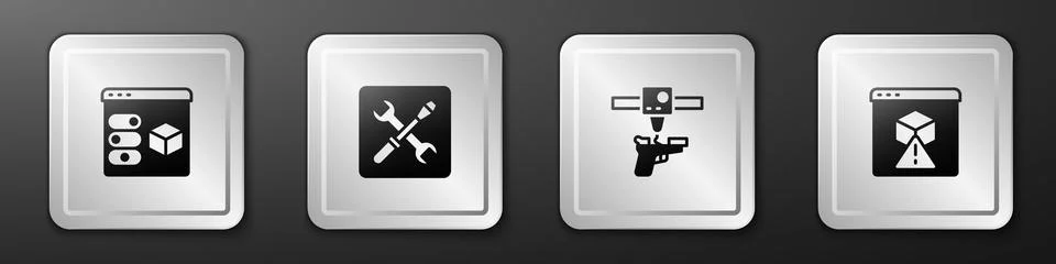 Set 3D printer, setting, gun and icon. Silver square button. Vector 스톡 일러스트