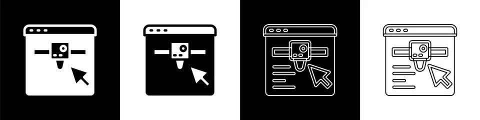Set 3D printer setting icon isolated on black and white background. 3d printing Illustrazione stock