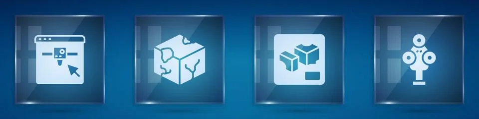 Set 3D printer setting, Isometric cube, and scanner. Square glass panels. Vector Stock Illustration