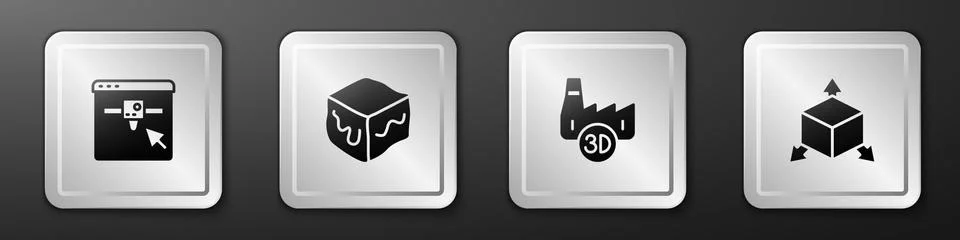 Set 3D printer setting, Isometric cube, Printing house industry and icon. Silver Stockillustratie