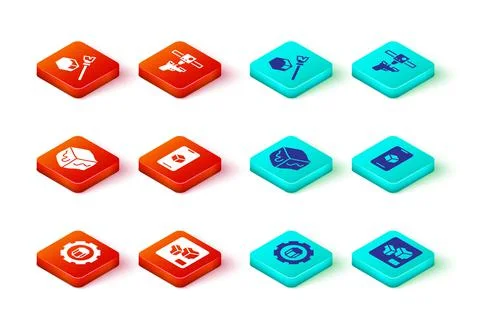 Set 3D printer setting, Isometric cube, software, gun and icon. Vector Ilustração Stock