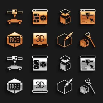 Set 3D printer, setting, Isometric cube, 3d pen tool, RGB and CMYK color mixing Stock Illustration
