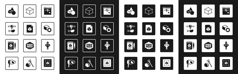 Set 3D printer setting, Isometric cube file, chicken leg, Basic geometric shapes Stock Illustration