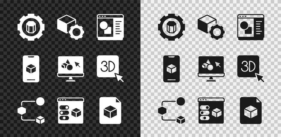 Set 3D printer setting, Isometric cube, software, file, and icon. Vector Stock Illustration