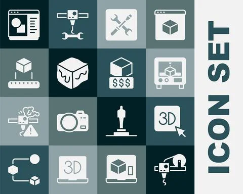Set 3D printer, setting, Isometric cube, software and services icon. Vector Stock Illustration