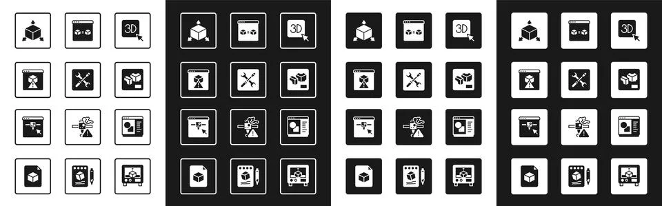 Set 3D printer, setting, Isometric cube, perfect copy, software and icon. Vector Ilustração Stock