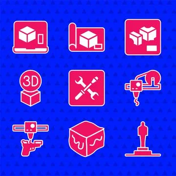 Set 3D printer setting, Isometric cube, model, gun, and icon. Vector Stock Illustration