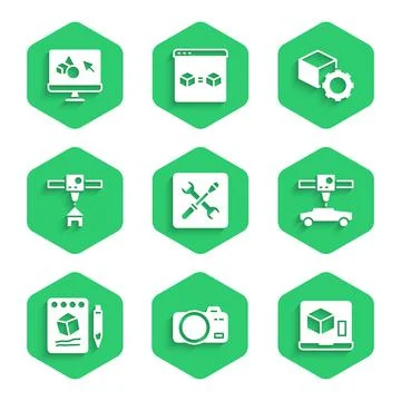 Set 3D printer setting, Photo camera, car, Sketch on paper, house, Isometric Stock Illustration