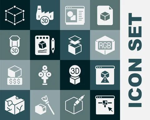 Set 3D printer setting, RGB and CMYK color mixing, software, Sketch on paper Ilustração Stock